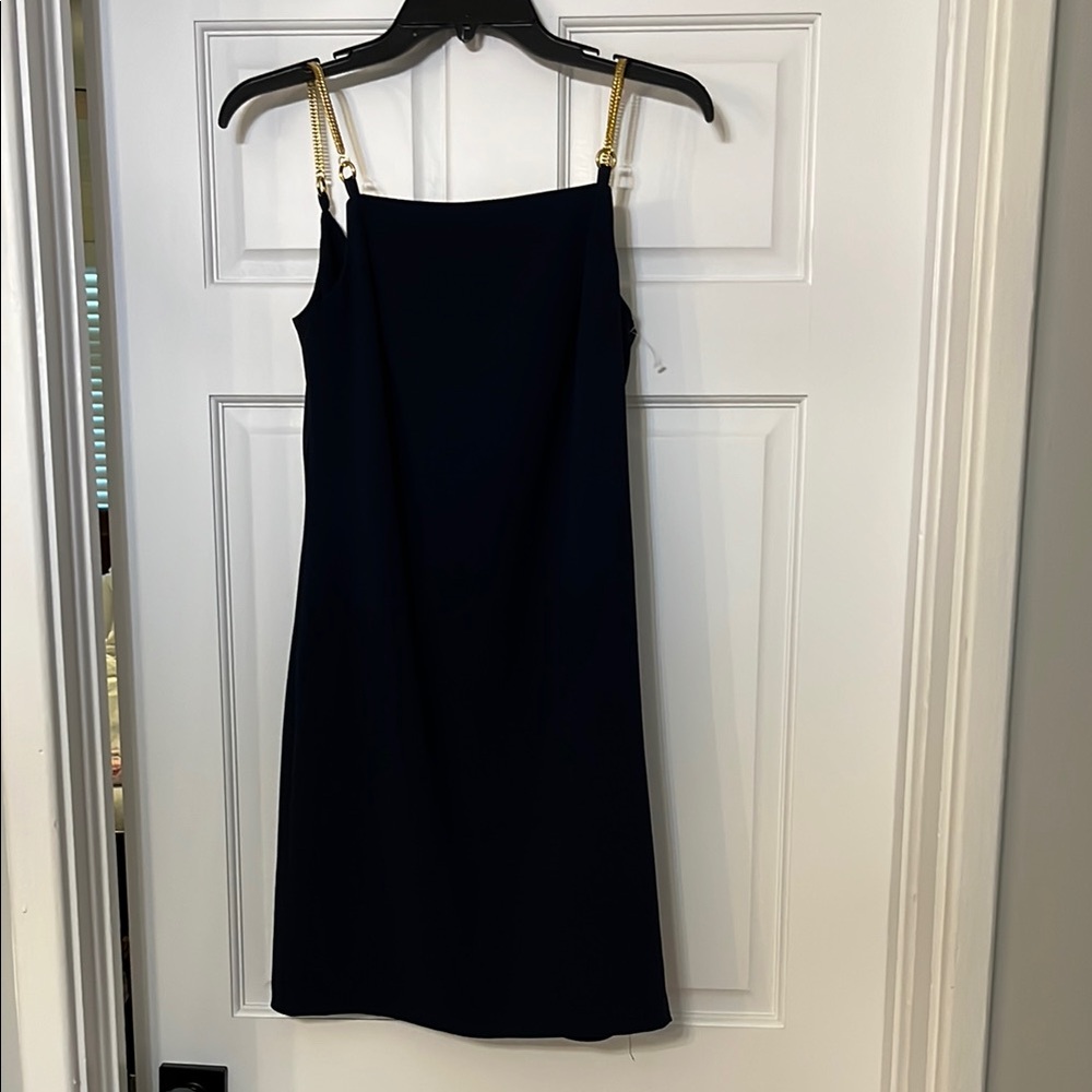 Trina Turk Navy Dress with Gold Chain Straps
